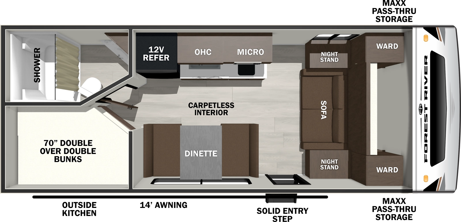 The Wildcat Travel Trailers 170DBEDS floorplan has one entry and zero slide outs. Exterior features include: fiberglass exterior, 14' awning and outside kitchen. Interiors features include: bunk beds and murphy bed.